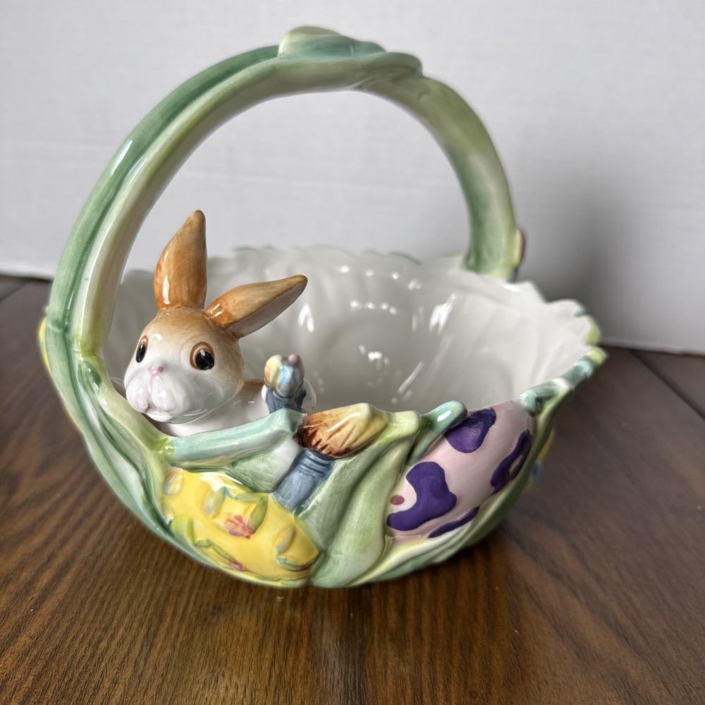 Fitz and Floyd Painting Easter Eggs Basket Candy Dish Bunny Rabbit Retired Vtg